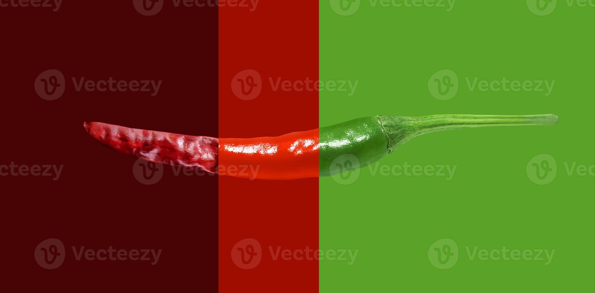 Fresh Green Chili Red Chili Dried Chili Isolated On Red Green Background photo