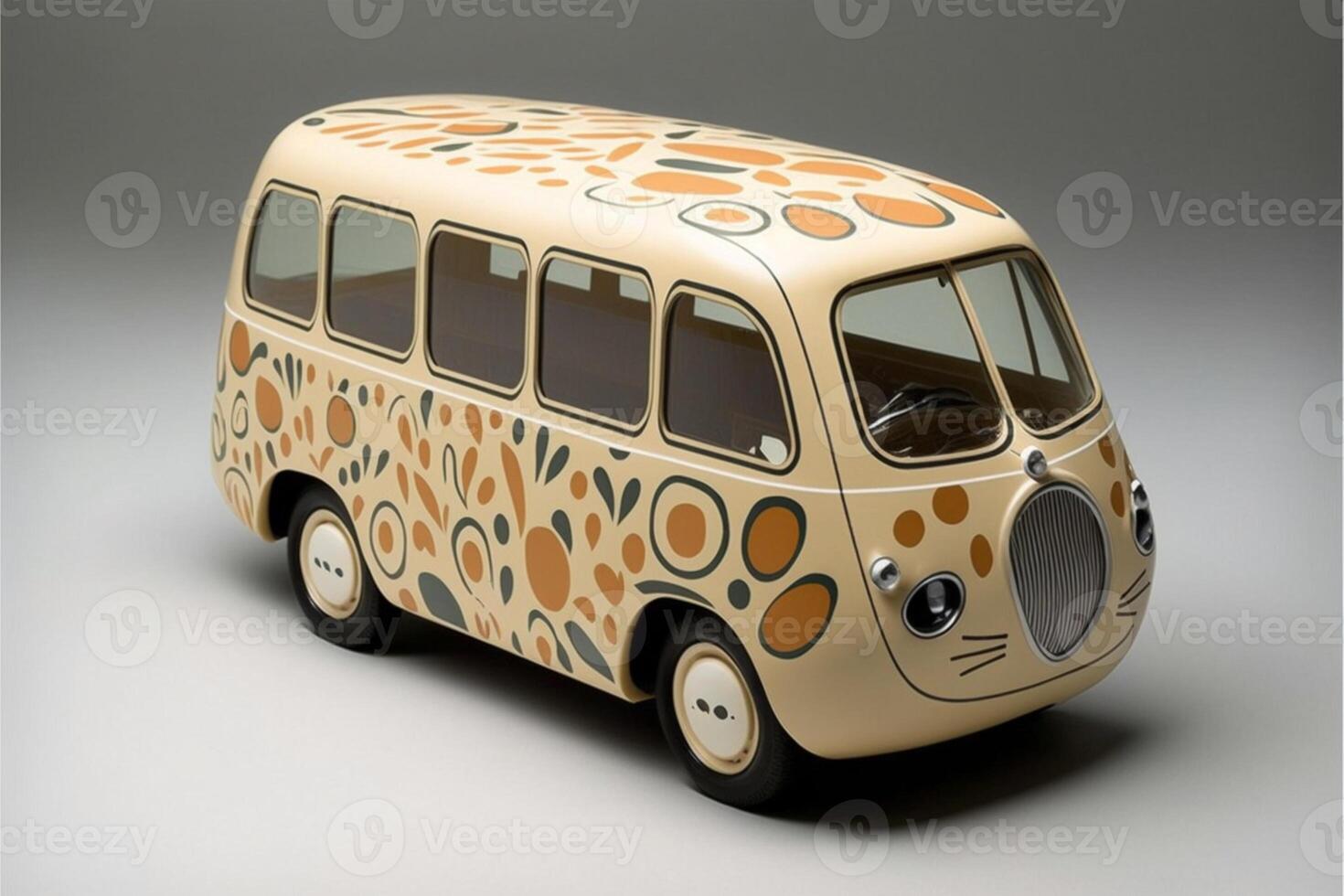 close up of a toy bus on a gray surface. . photo