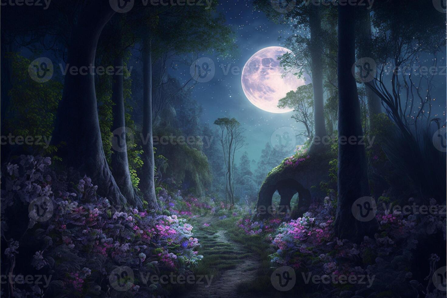 fairy land forest with tall trees Digital. photo