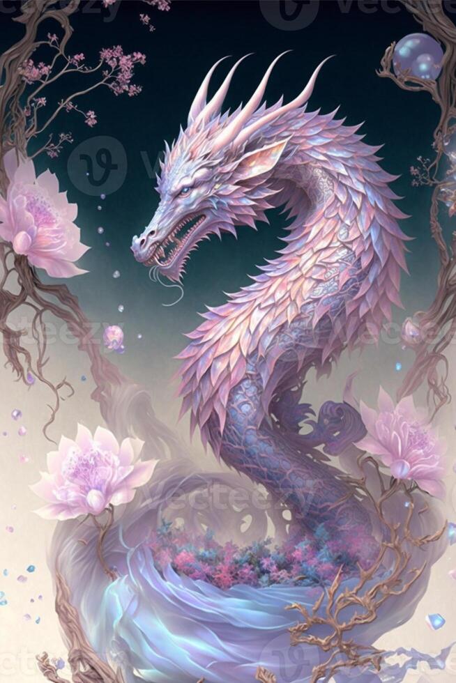 dragon sitting on top of a bed of flowers. . photo