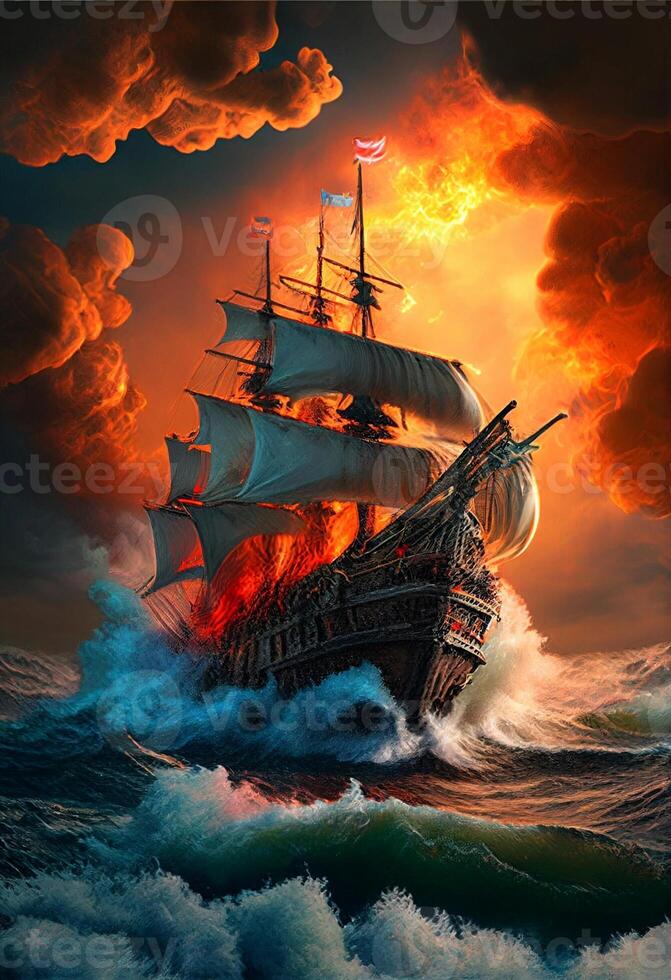 painting of a ship in a stormy sea. . photo