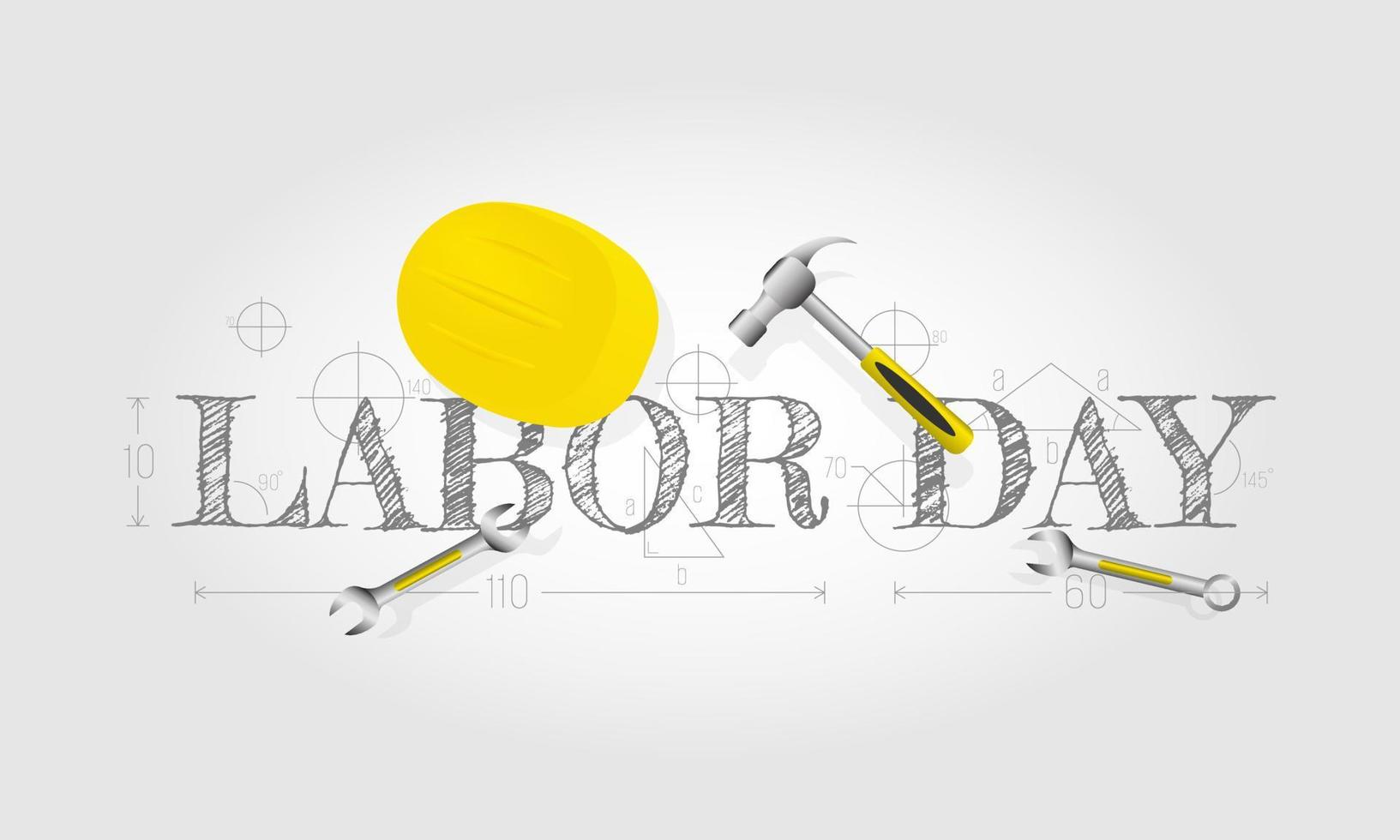 contento labor día saludos con bosquejo texto y trabajador herramientas vector