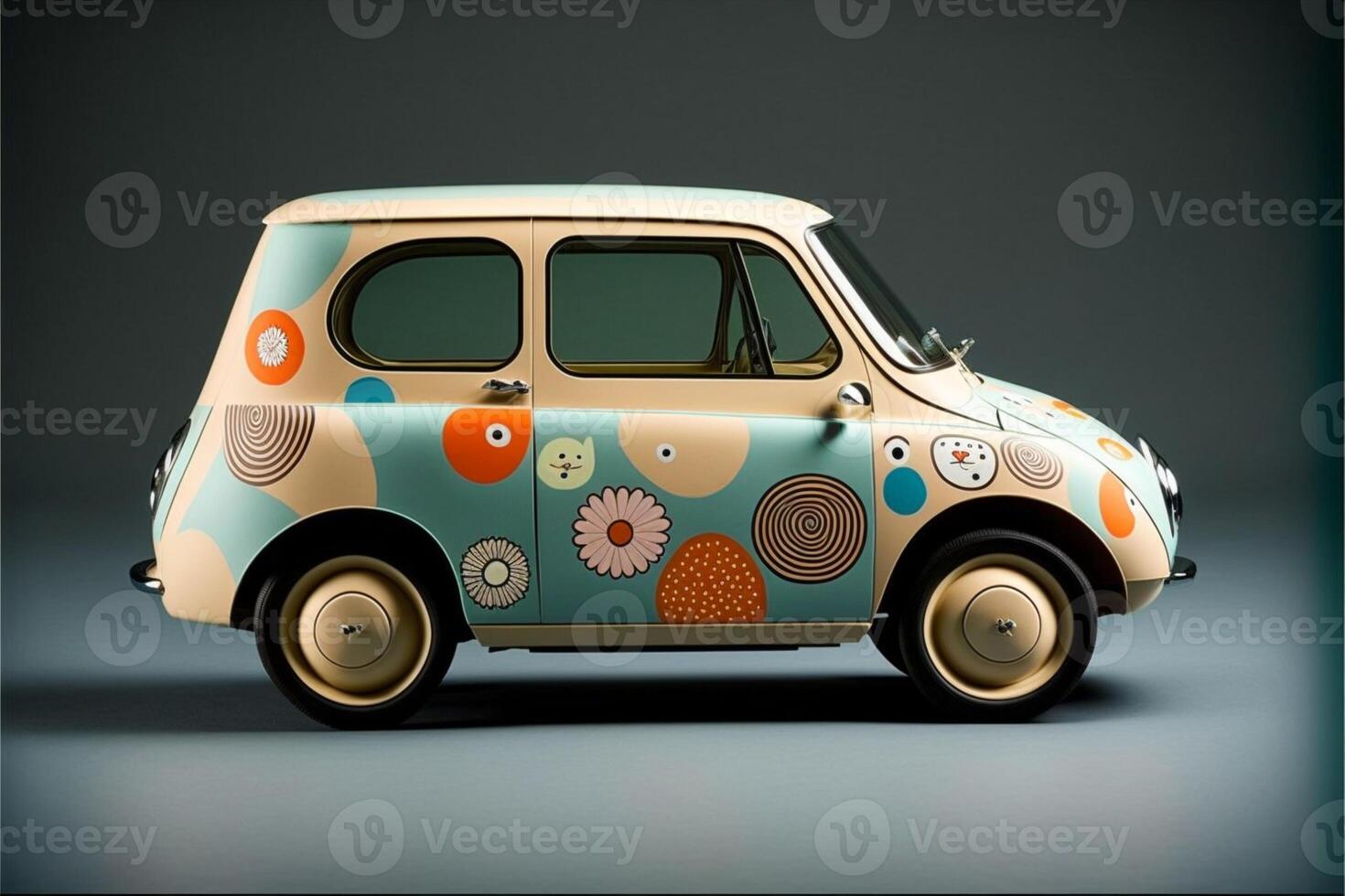 small car with cats painted on the side of it. . photo