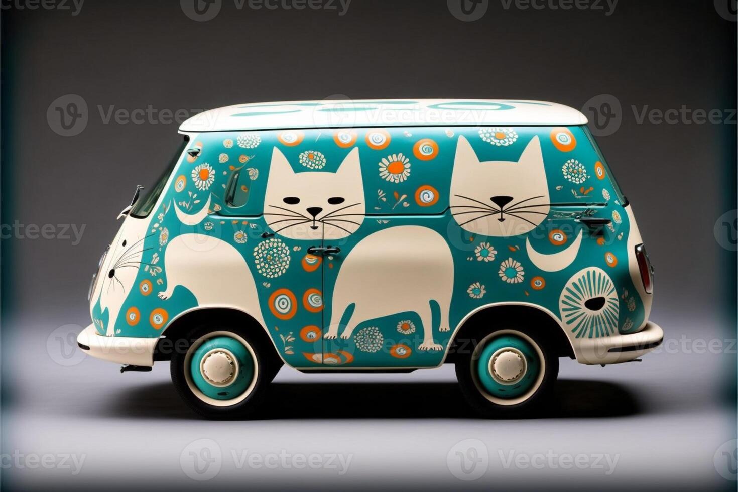 blue and white car with cats painted on it. . photo