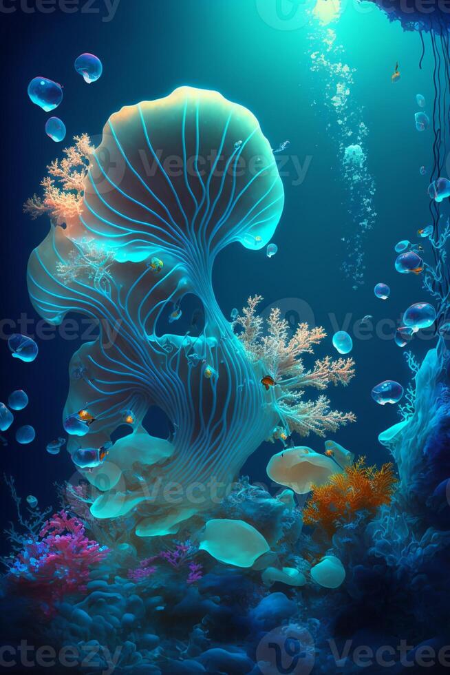 an underwater scene of a jellyfish and corals. . photo