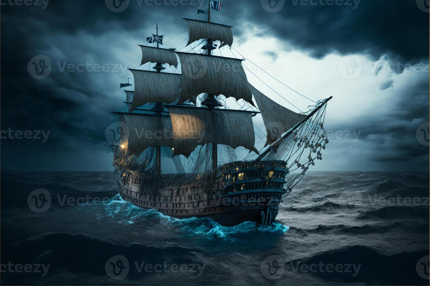 pirate ship in the middle of the ocean. . photo