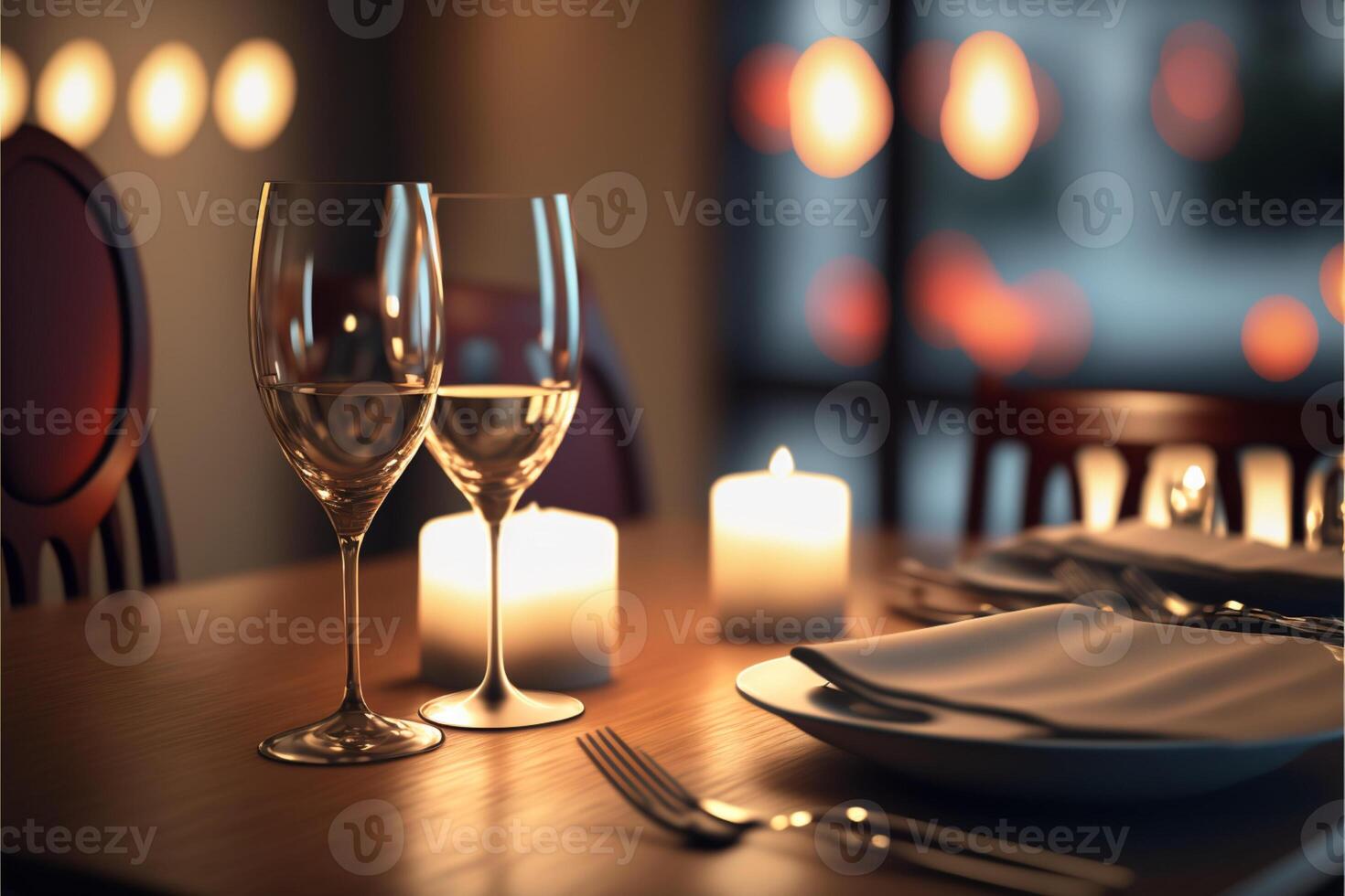 Romantic restaurant table ready for a dinner date idea. photo