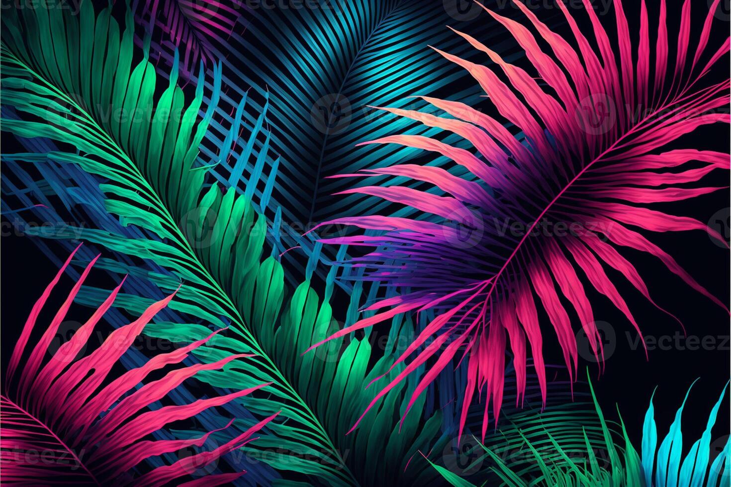 neon color Monstera on pink background. photo