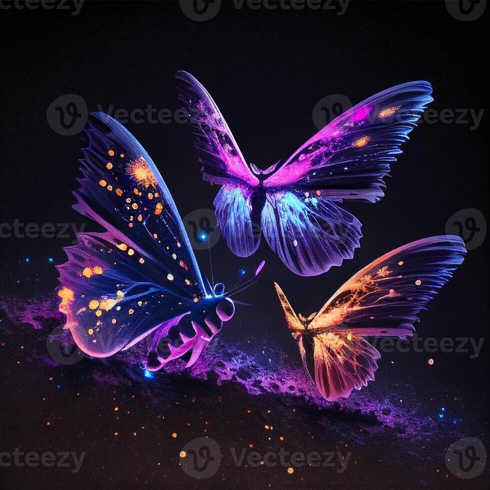 neon butterflies 2d white background. photo