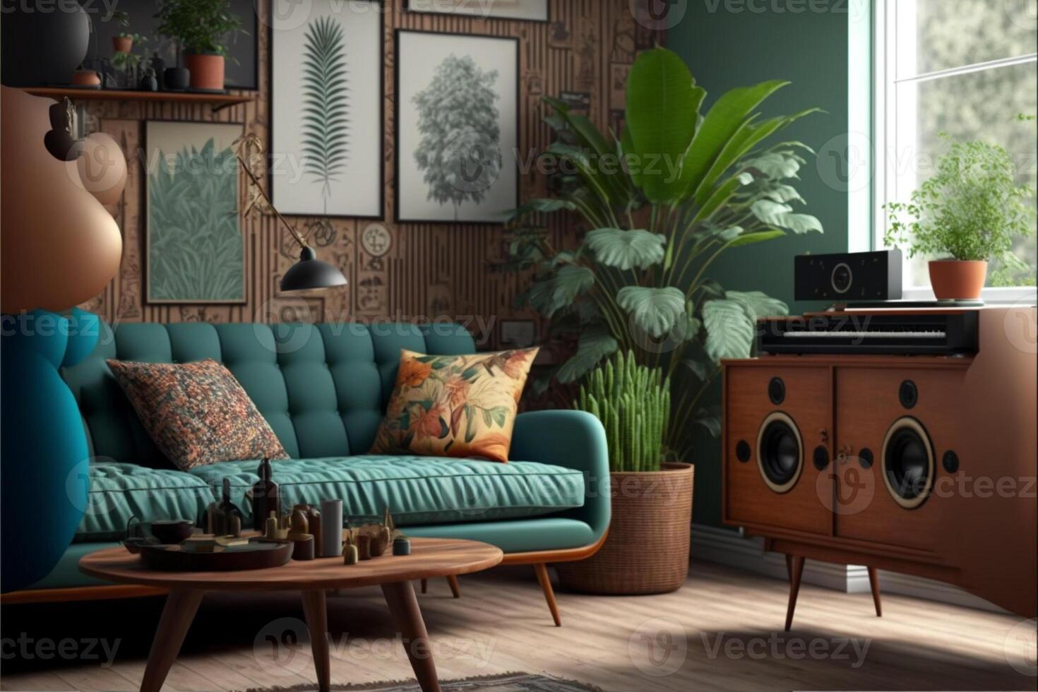 Retro design in trendy living room interior wooden. photo