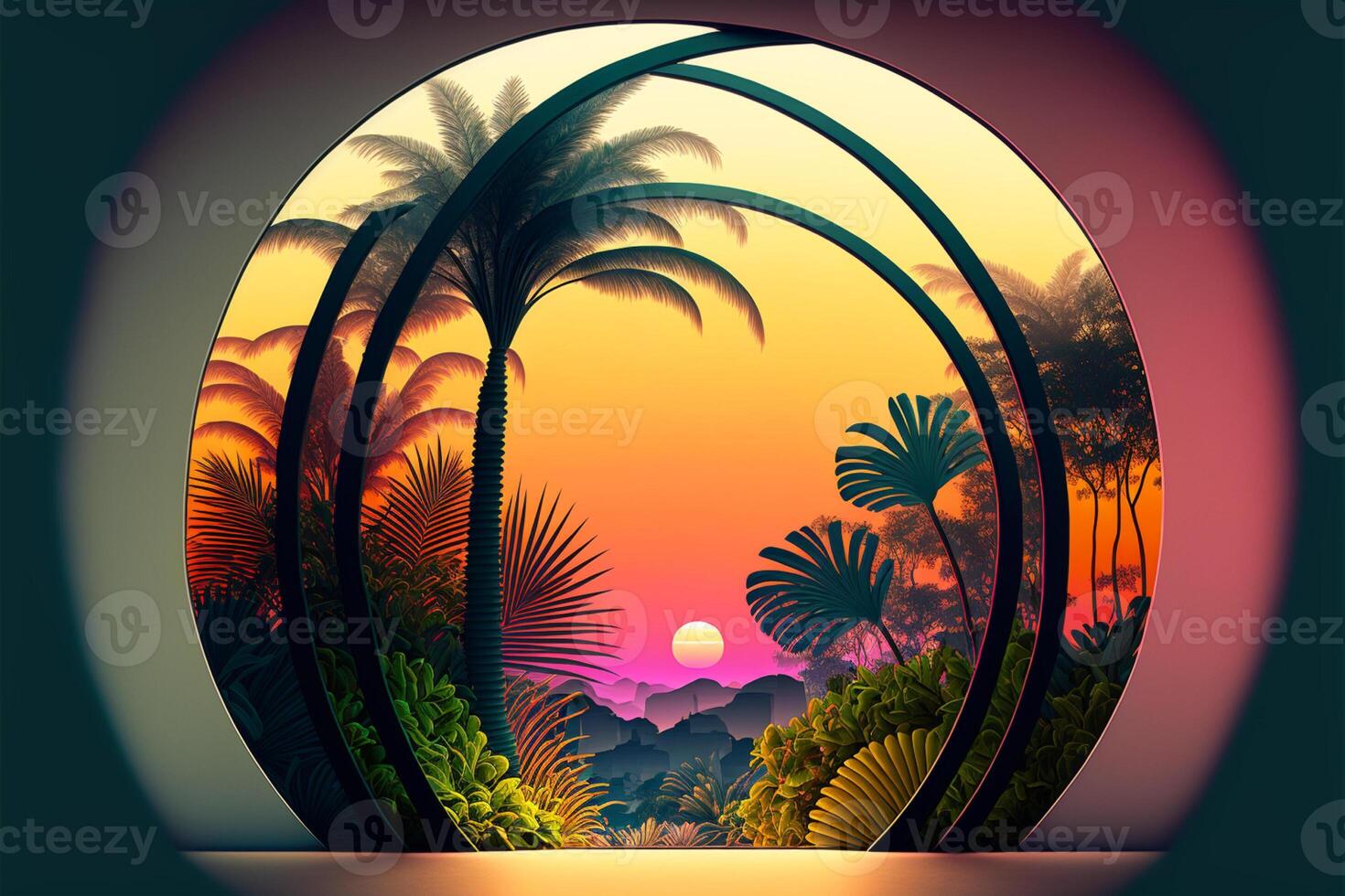 Tropical plants in a curved window with a gradient sun. photo