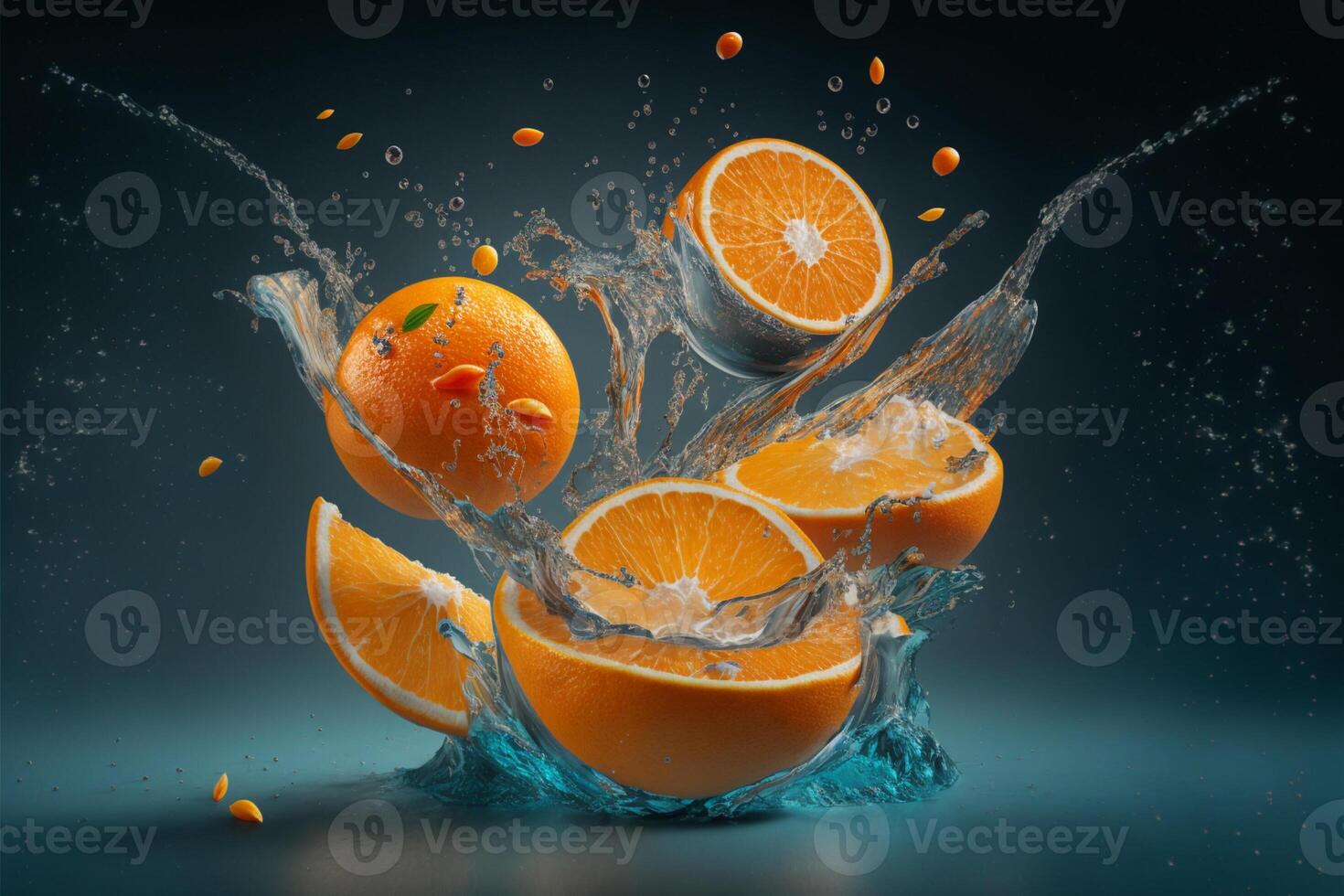 oranges and orange slices falling into a water splash. photo