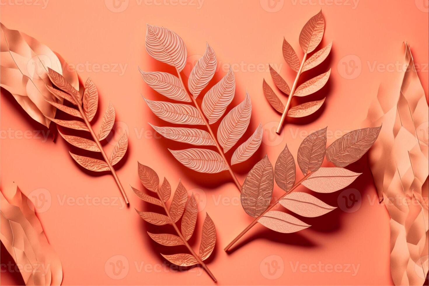 Pattern of dry orange metallic leaves on pink background. photo