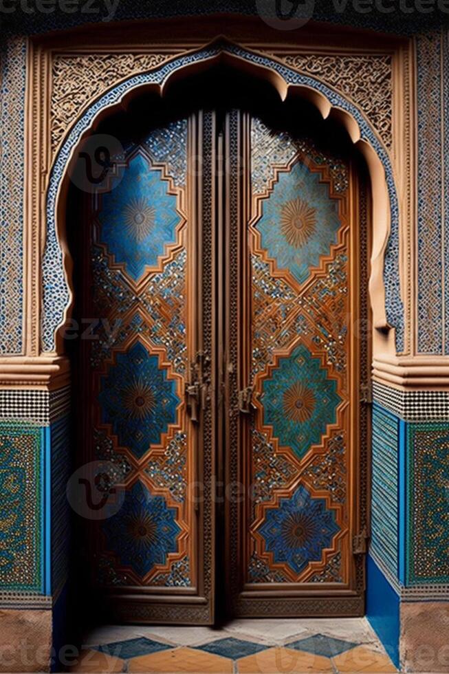 symmetrical Moroccan tiles and doors. photo