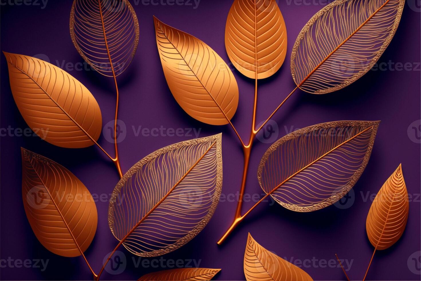 Pattern of dry orange metallic leaves on pink violet background. photo