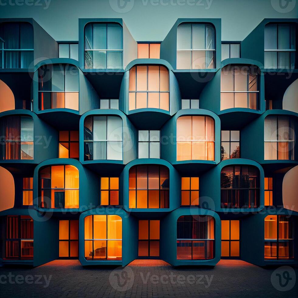 un modernista edificio con un lote de ventanas generativo ai foto