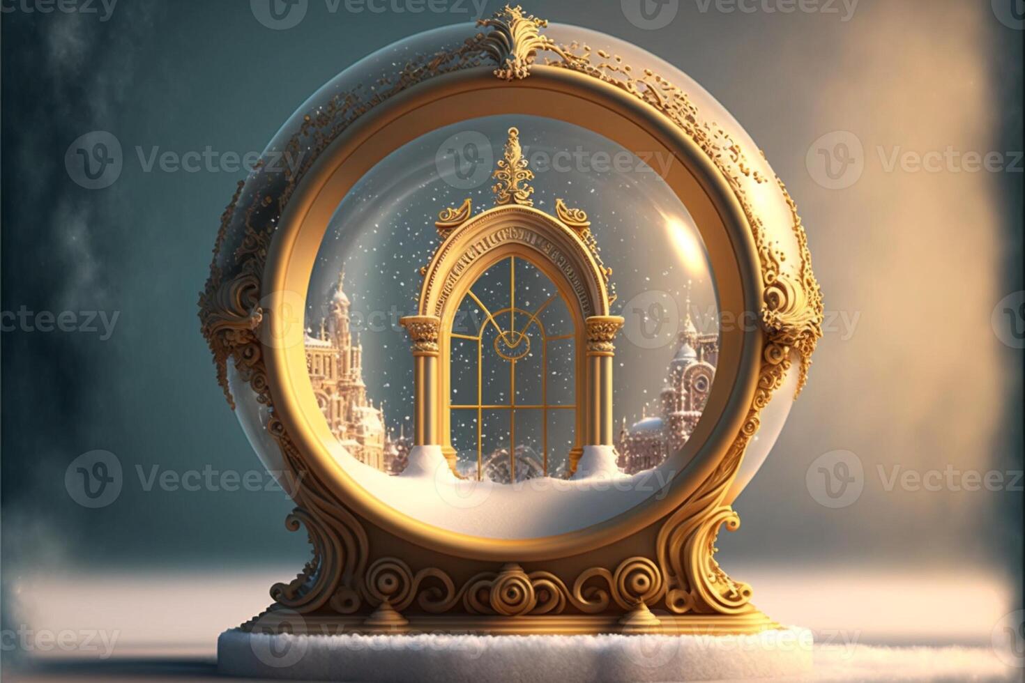 arch window frame with empty snow globe in middle gold. photo