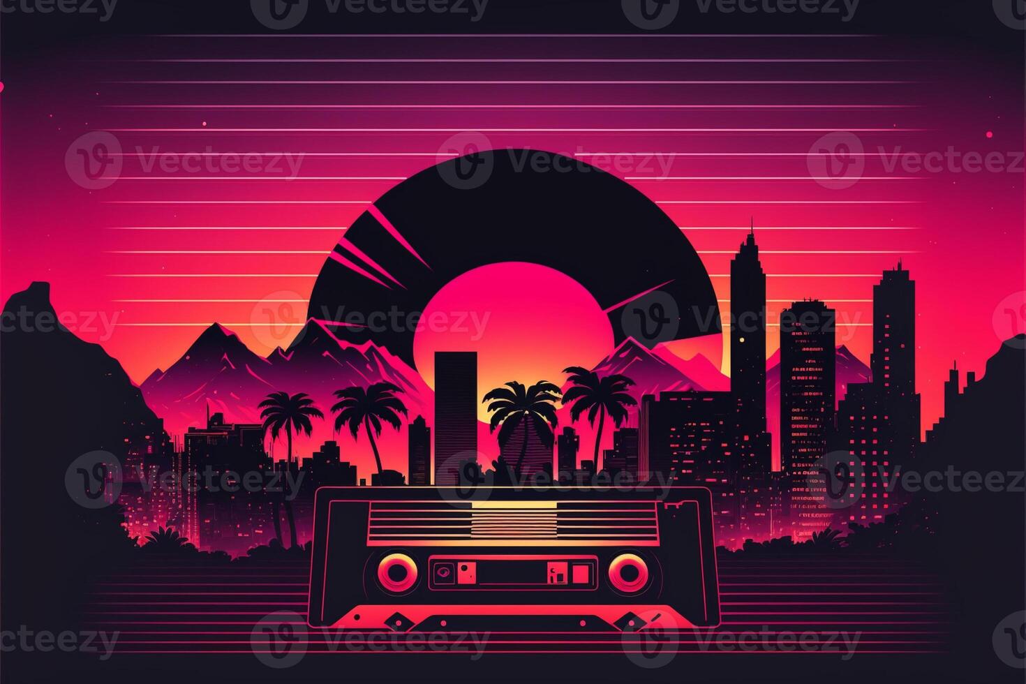 Retro futuristic synthwave retrowave styled night city. photo