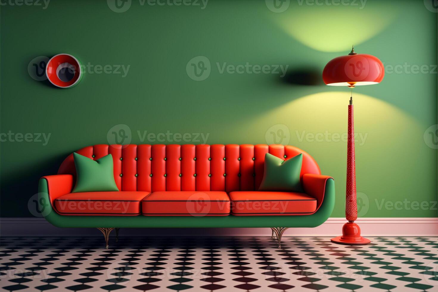 Retro Room interior green sofa red wall retro pattern. photo