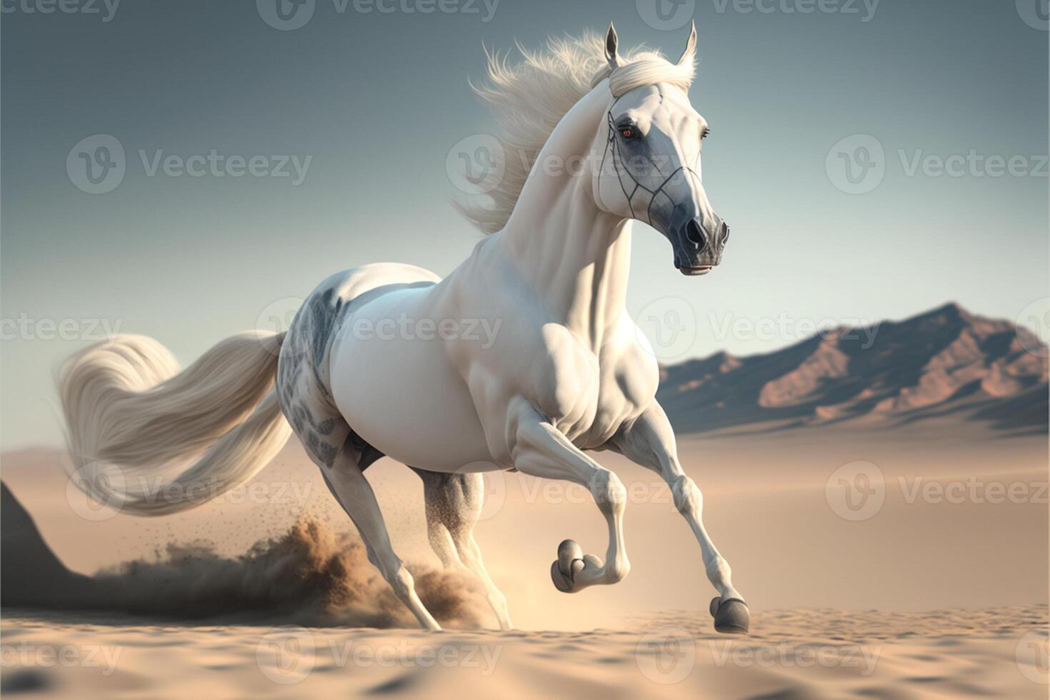 the galloping white horse on desert background. photo