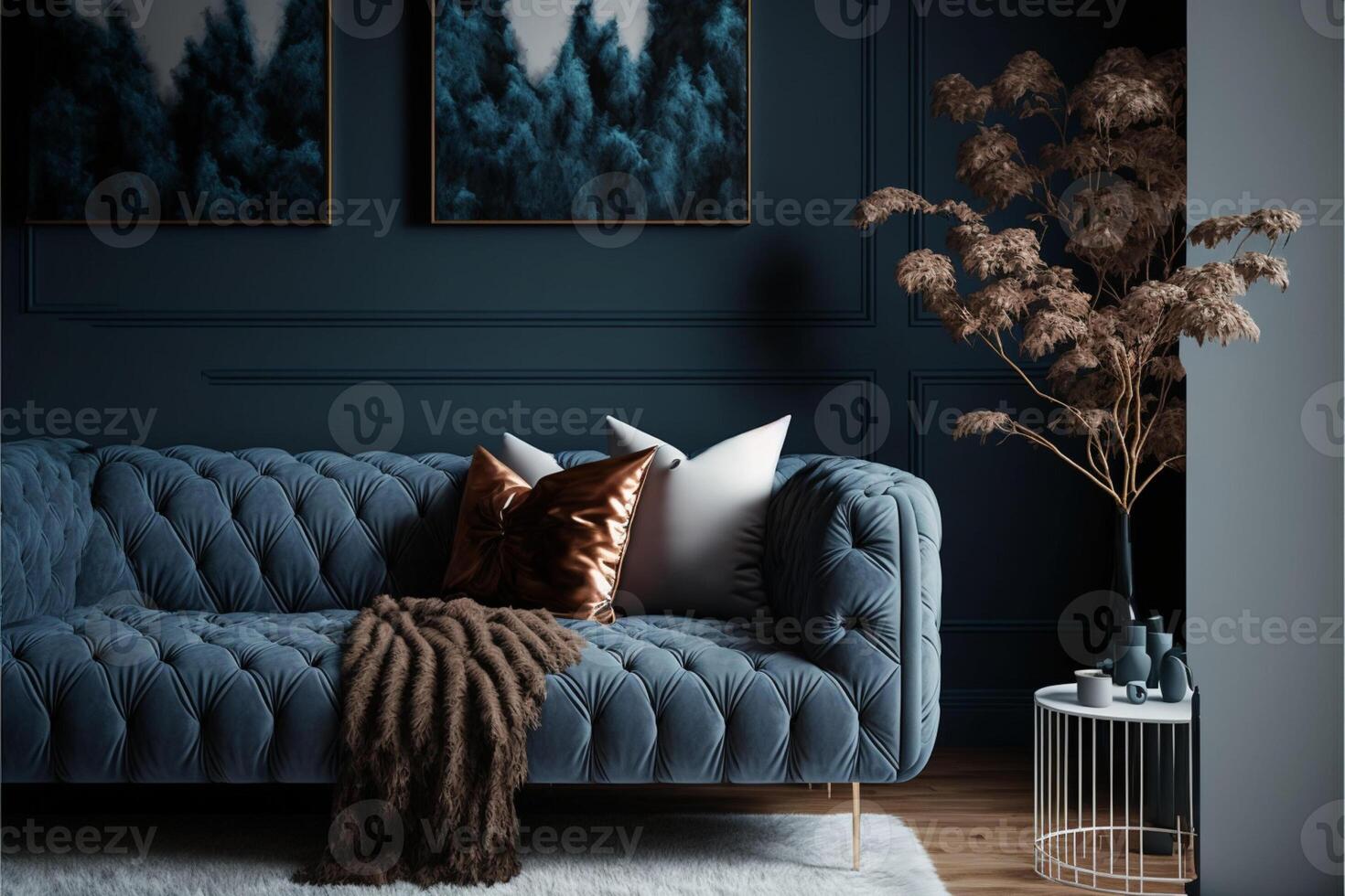 Modern cozy living room and dark blue wall texture. Generative Ai ...