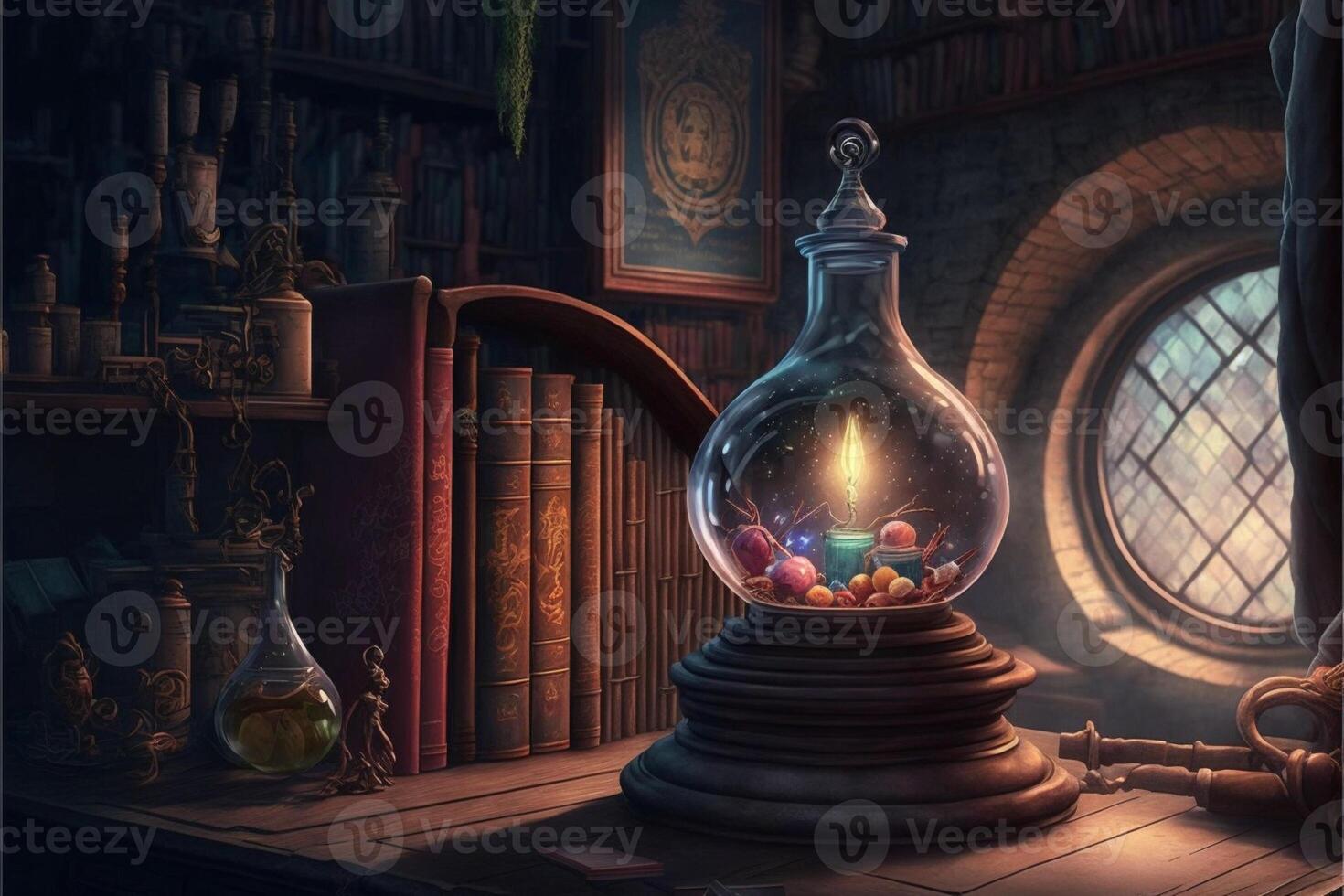 wizards school room magical books floating. photo