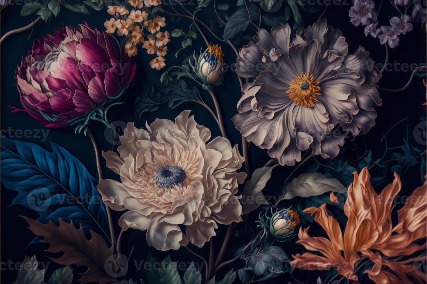 hand Painted flowers as a lush pattern oil painted Photo. photo