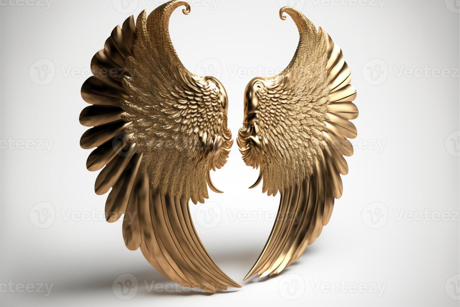 dorado ángel alas en un blanco antecedentes oro plumas. generativo ai foto