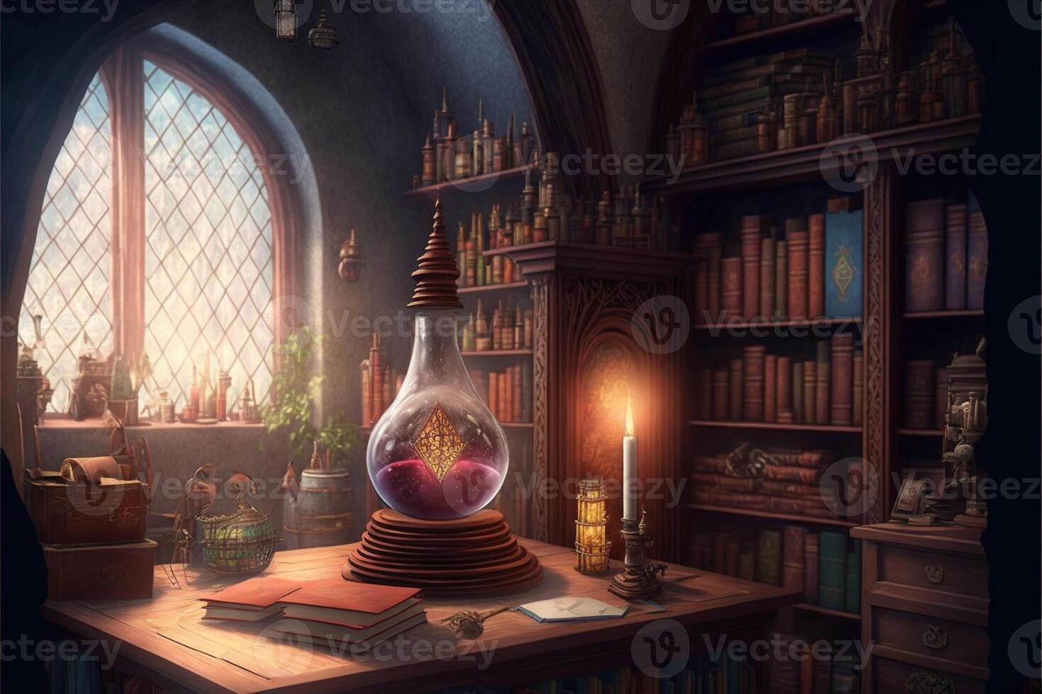 wizards school room magical books floating. photo