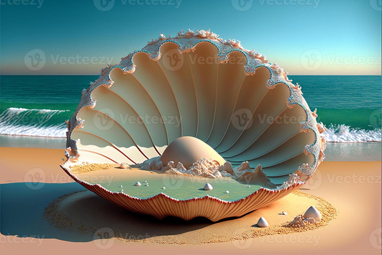 large open clam shell in middle with ocean background. photo