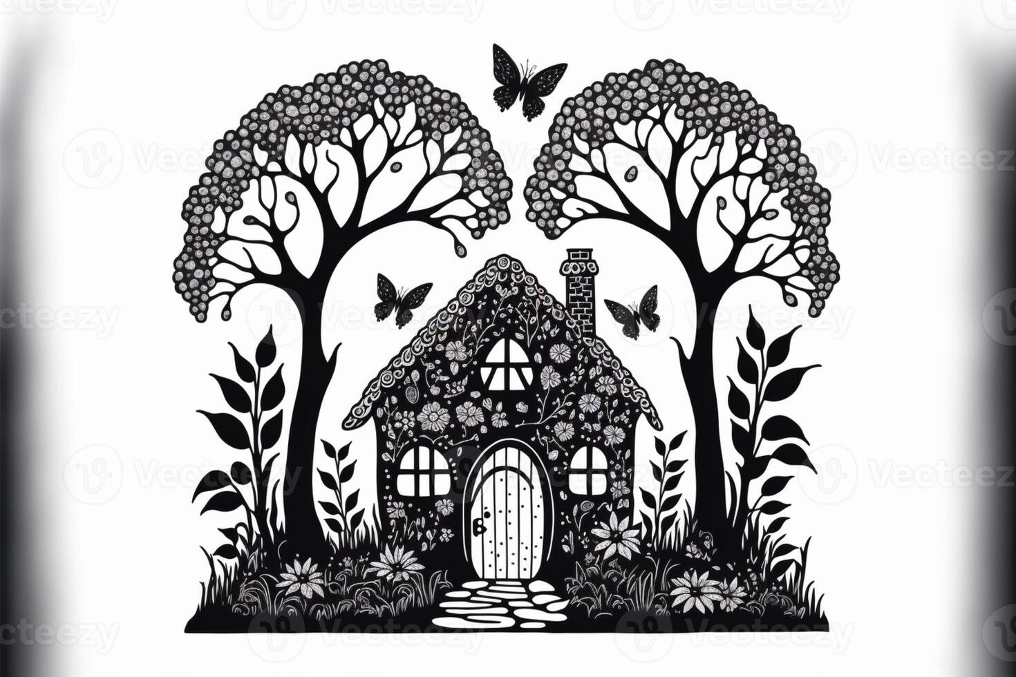 fairy house silhouette svg fine lines on a white background. photo