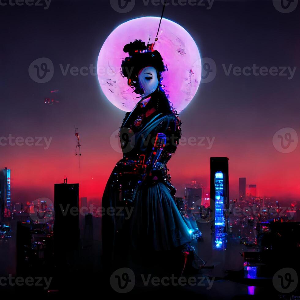 woman standing on top of a building with a full moon in the background. . photo