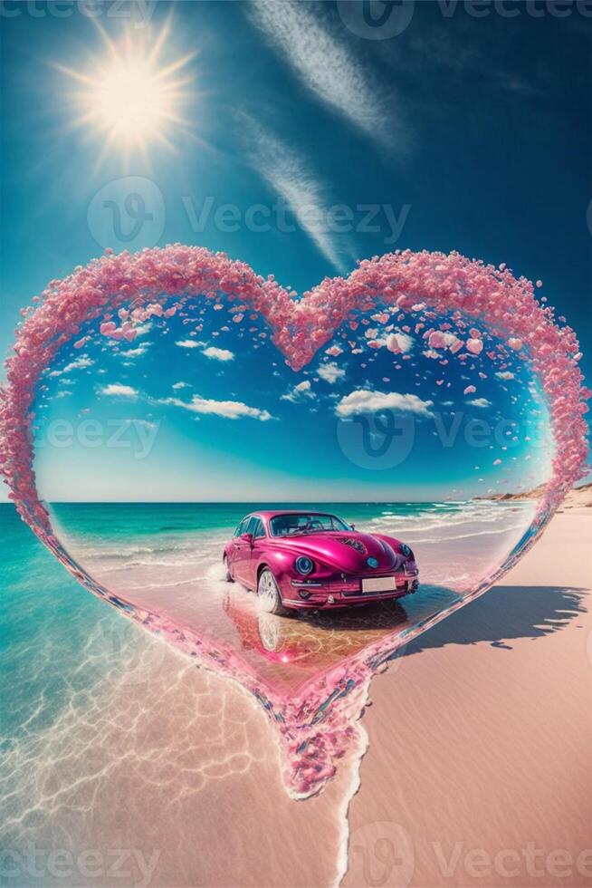 rosado coche sentado en parte superior de un arenoso playa. generativo ai. foto