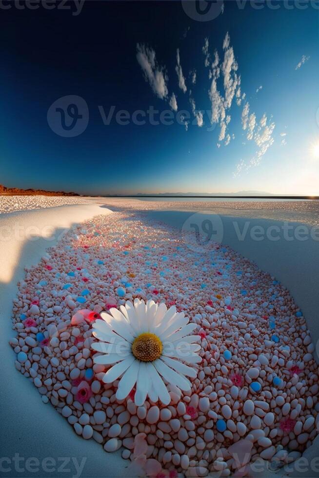 white flower sitting on top of a sandy beach. . photo