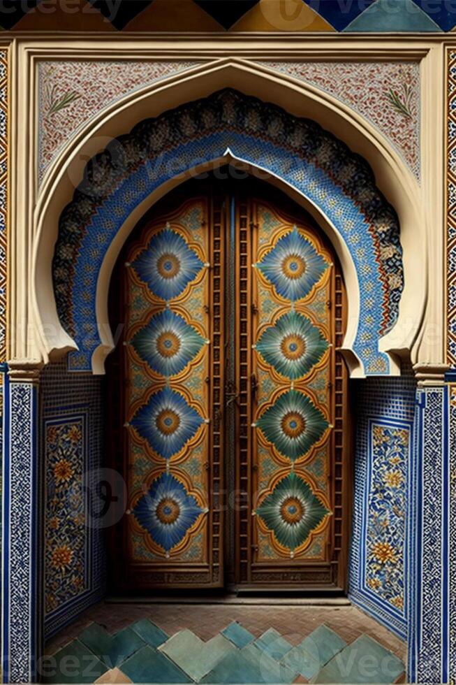 symmetrical Moroccan tiles and doors. photo