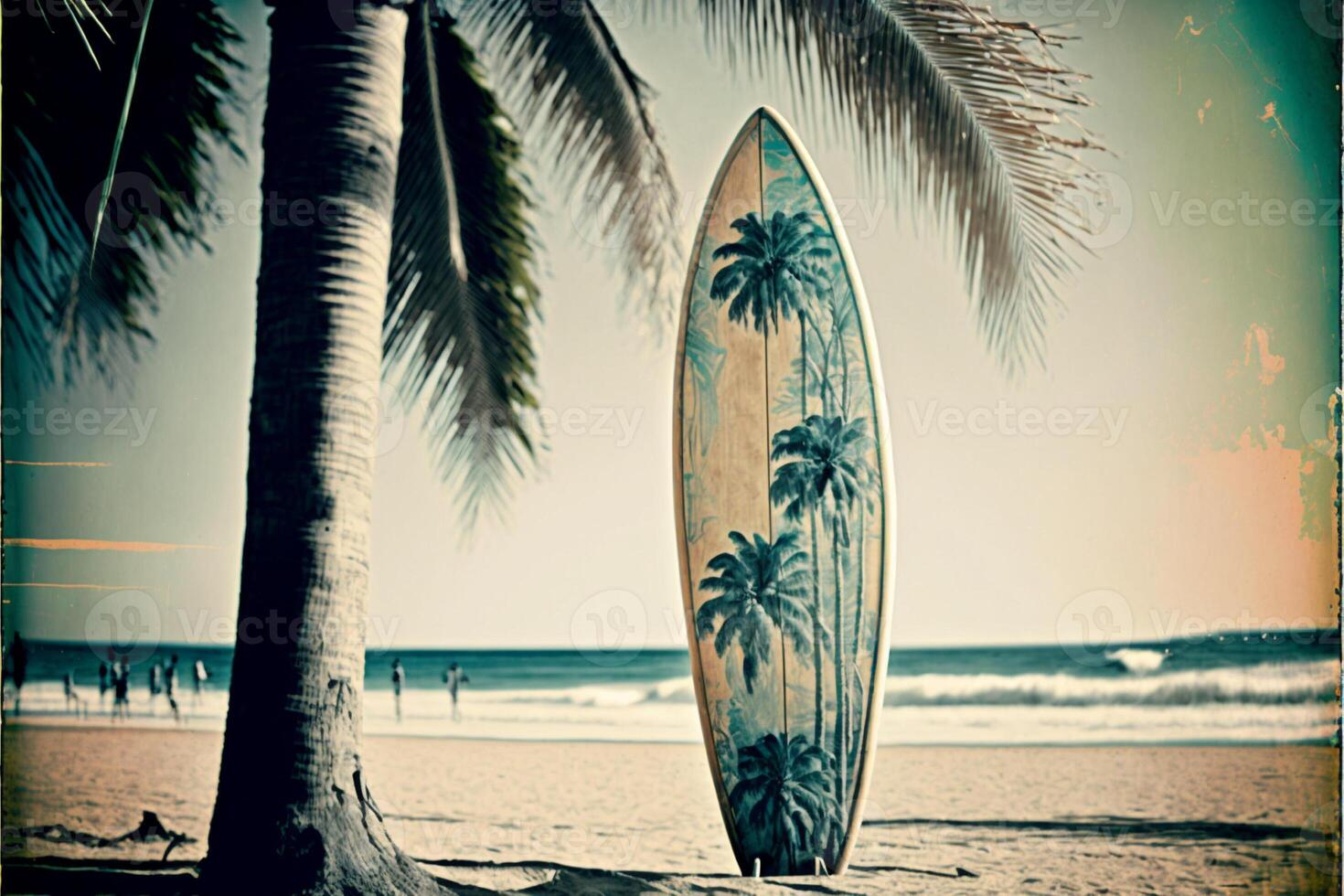 tabla de surf y palma árbol en playa. generativo ai foto