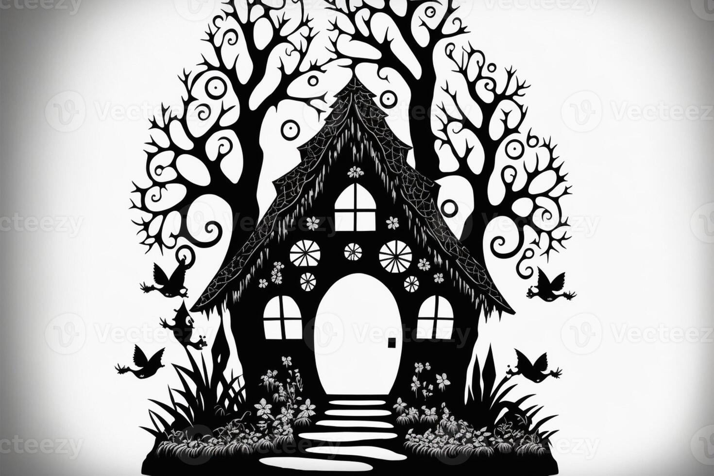 fairy house silhouette svg fine lines on a white background. photo