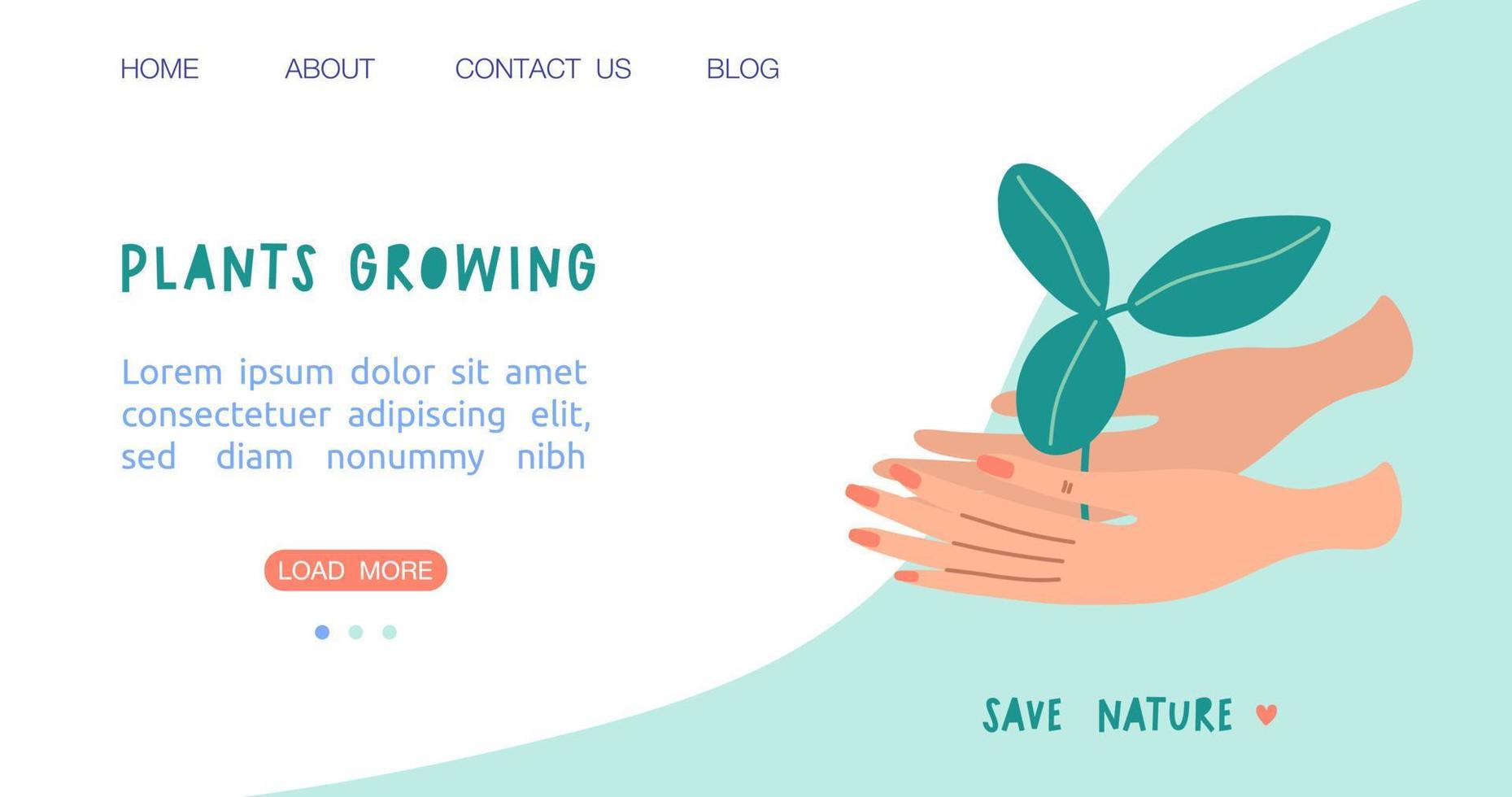 Home gardening, landing or web page template with hands holding plant. Plant care concept. Flat style vector illustration