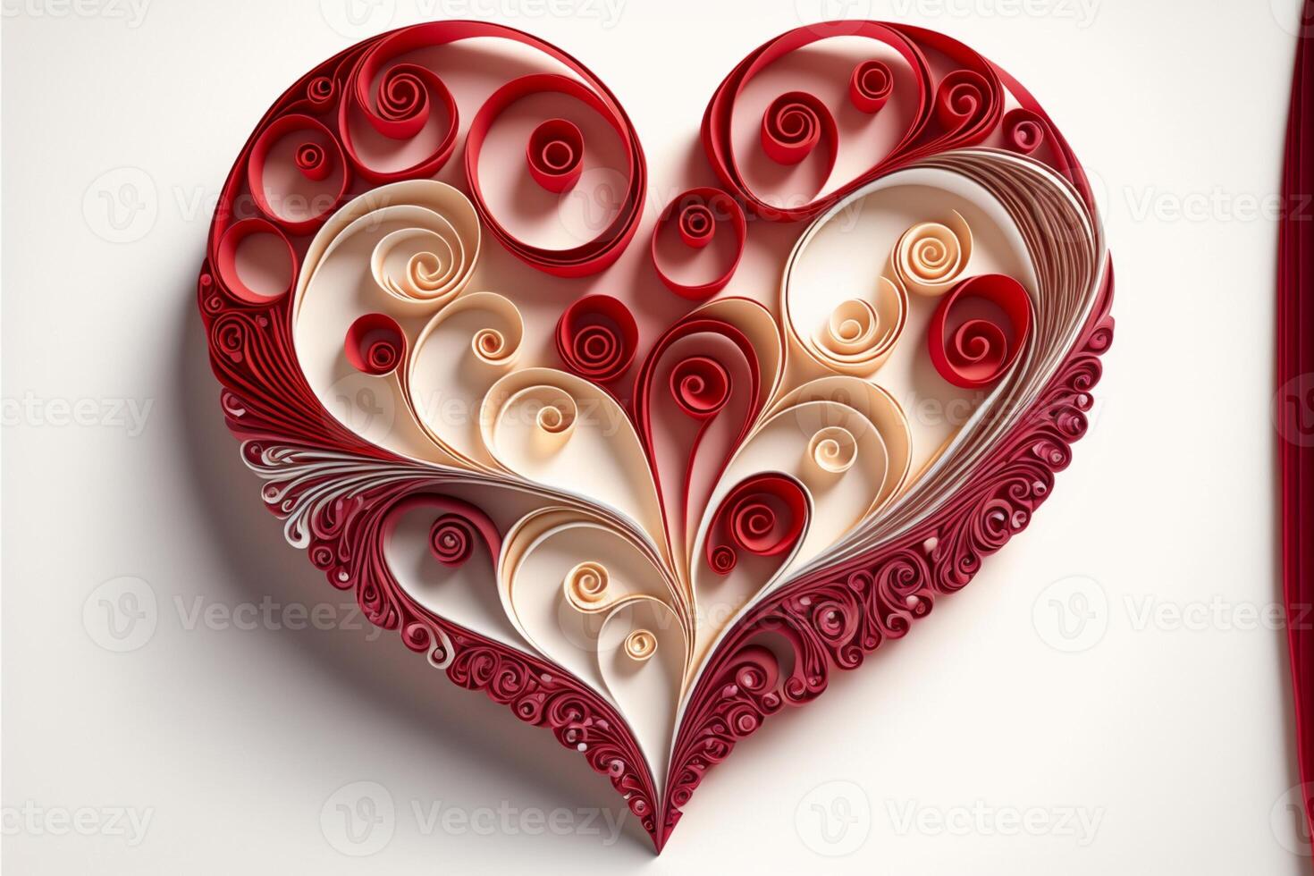 paper quilling heart red and white white background. photo