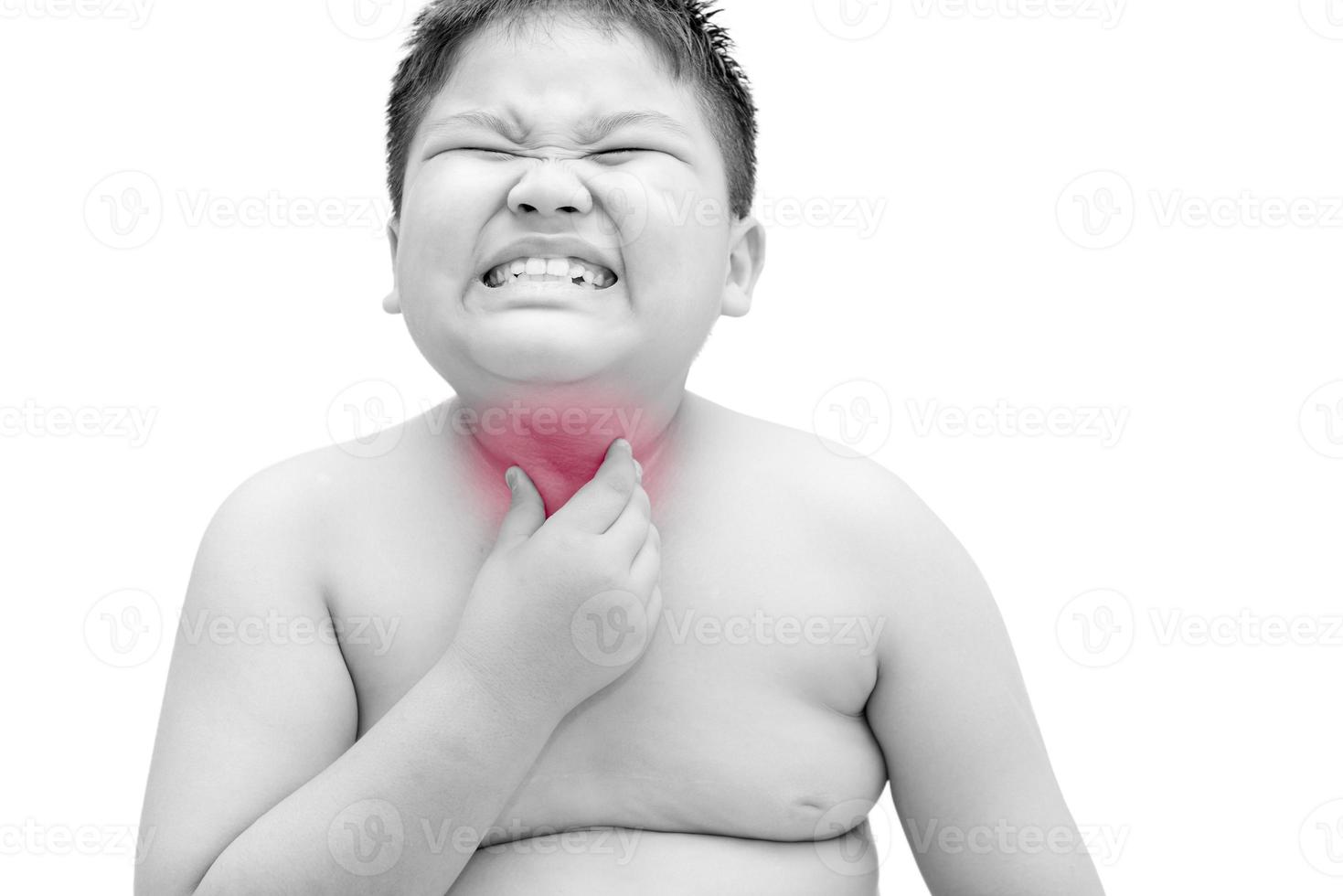 Obese fat boy scratch the itch with hand, throat irritation, isolated photo