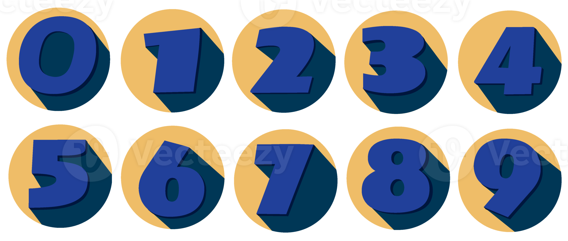 Number set from zero to nine icon with long shadow in circle png