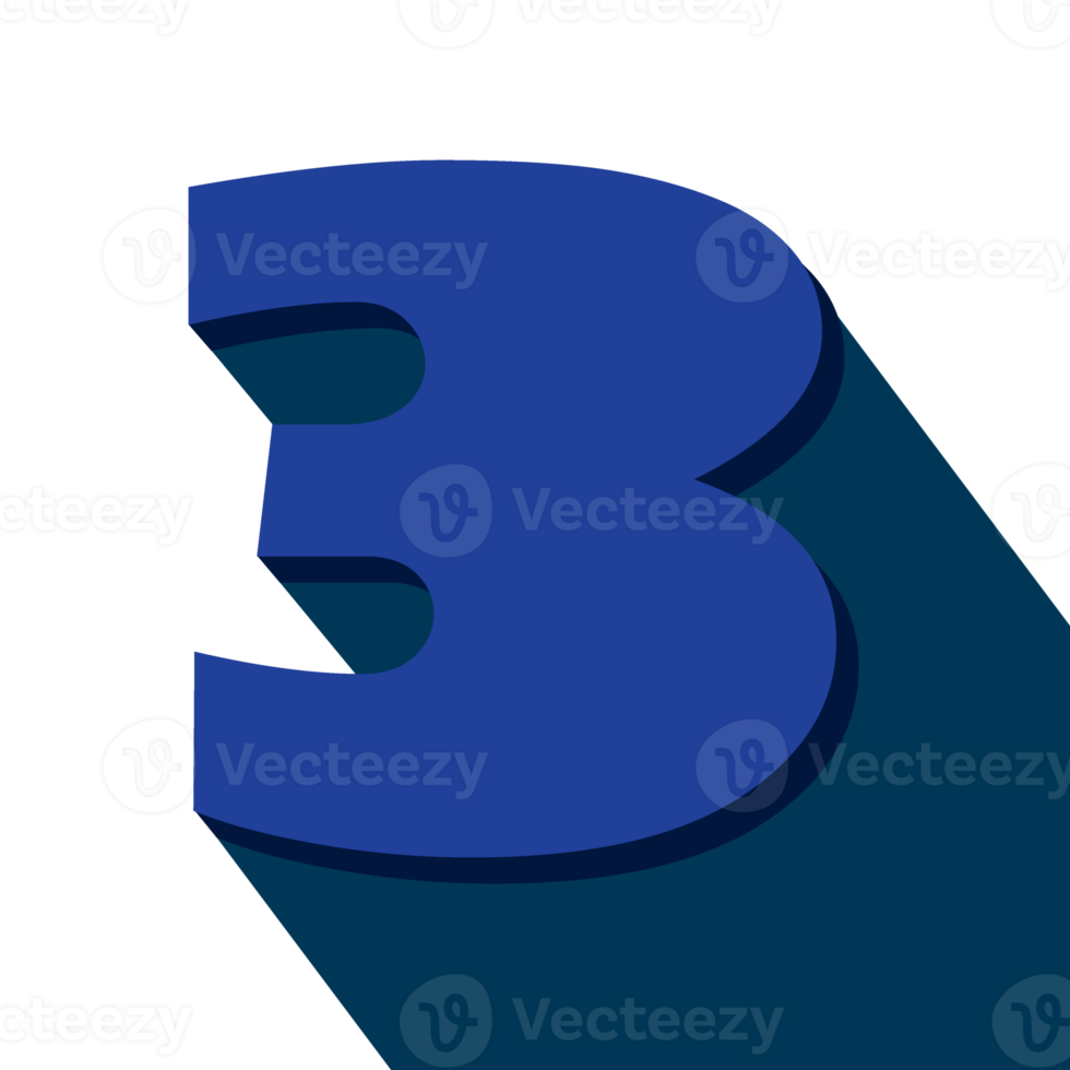 Number three, number 3 long shadow on transparent background png