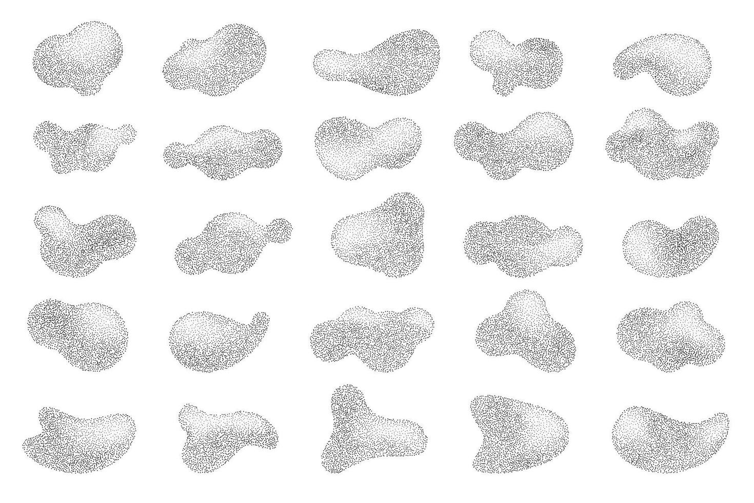 Abstract halftone shapes with fluid gradient dots. Liquid stipple grunge stains with gradation. Grainy random shading elements. Vector set