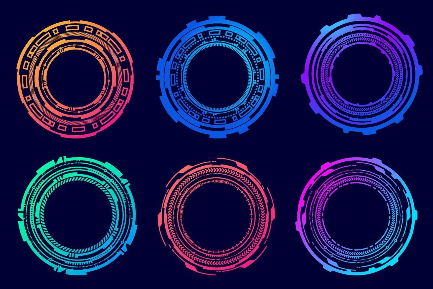 HUD futuristic elements. Abstract optical neon aim. Circle geometric shapes for virtual interface and games. Camera viewfinder for sniper weapon. Vector set