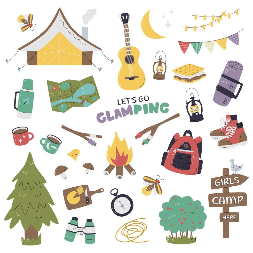 glamour cámping colección aislado. linda glamping colocar. lujo y confortable reclusión solo o con amigos en naturaleza manojo. moderno al aire libre actividad. muchachas acampar aquí mano dibujado plano vector ilustración