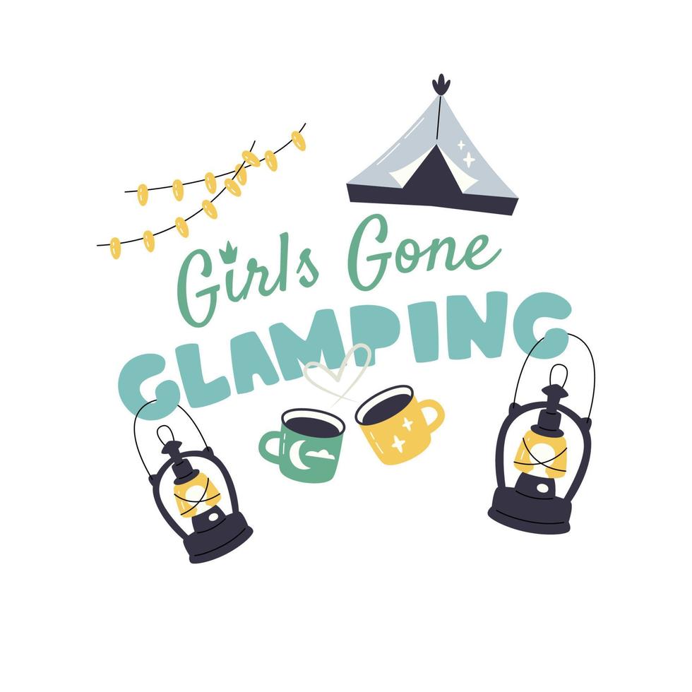 Girls gone glamping handwritten lettering design. Camping composition with inscription concept and campsite elements. Luxury and comfy recreation in nature. Tourism hand drawn flat vector illustration