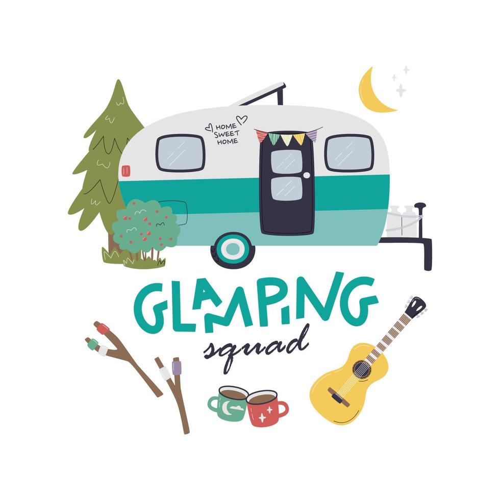 Glamping squad handwritten lettering design. Camping composition with vintage trailer and bonfire. Motorhome for comfy seclusion in nature. Outdoor activity concept hand drawn flat vector illustration