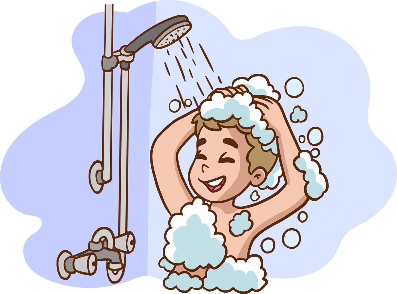 linda chico tomando un baño.pequeño niño chico personaje tomar un ducha. diario rutina. baño interior antecedentes. vector dibujos animados ilustración.
