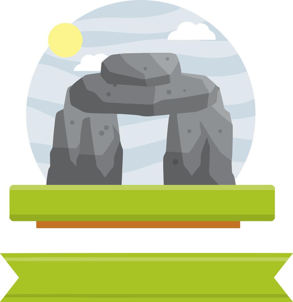 Stonehenge. English landmark. Structure is made of old stones. Historical place, block and boulders. Flat cartoon. Green moss and grass. Religious megalith of primitive man vector