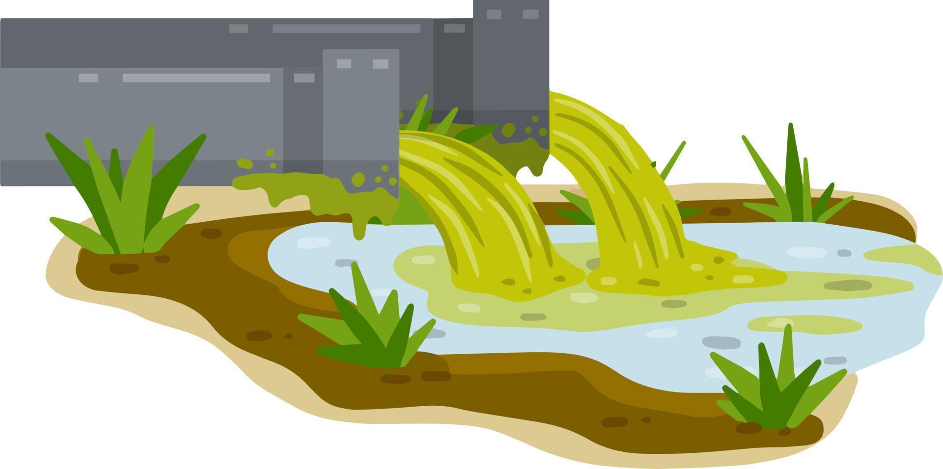 Industrial discharge from the pipe. Pollution of nature and ecology. Chemical waste. Cartoon flat illustration. Modern problem. Green stream in the river vector
